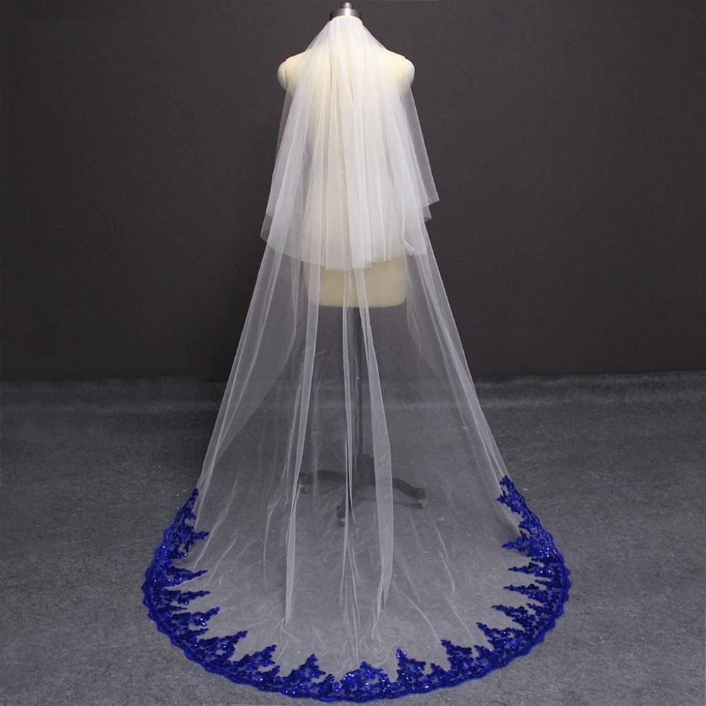 Two Tier Chapel White Wedding Veil With Royal Blue Sequined Lace Trim NWT